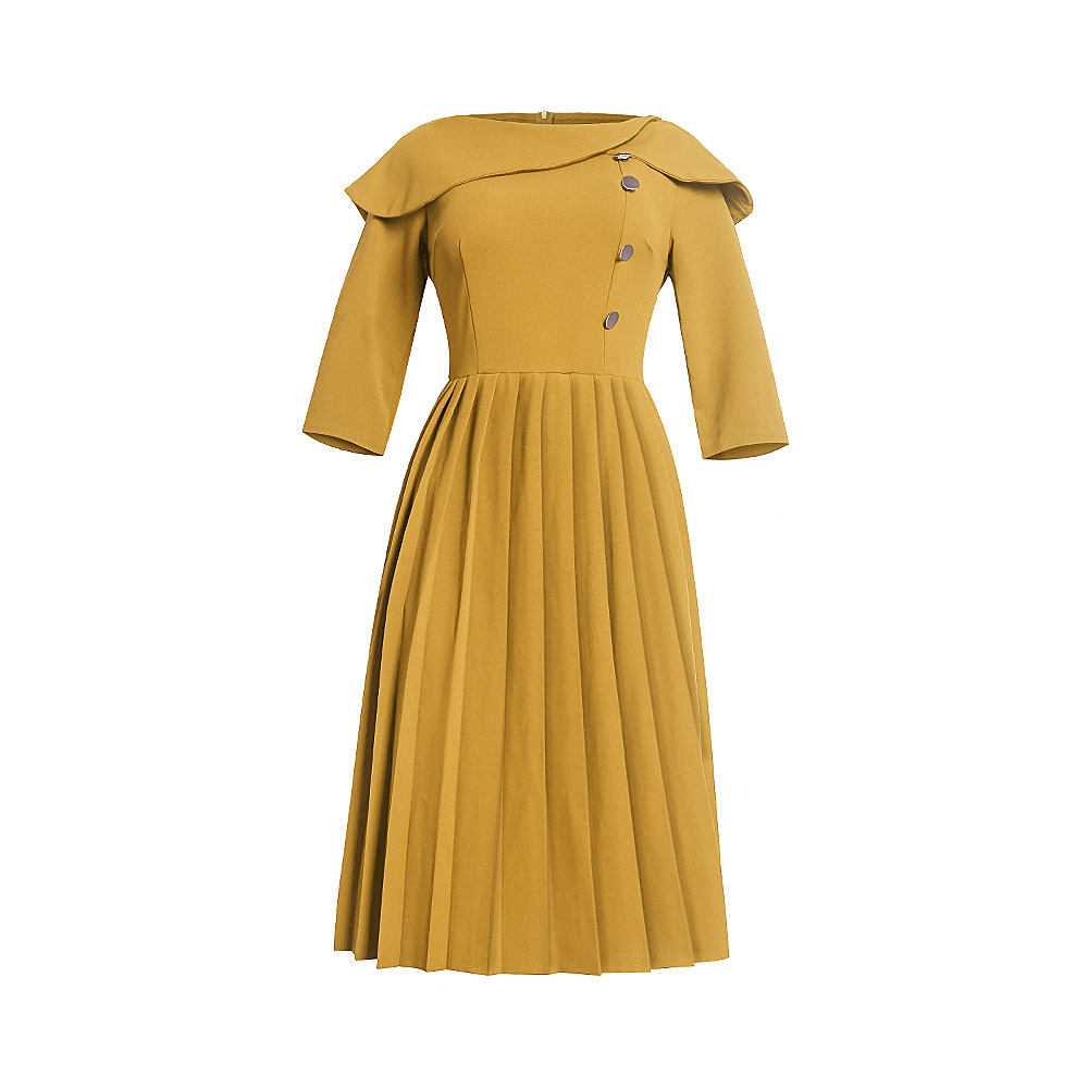 Ericdress Mid-Calf Pleated Three-Quarter Sleeve Pleated Plain A-line Dress