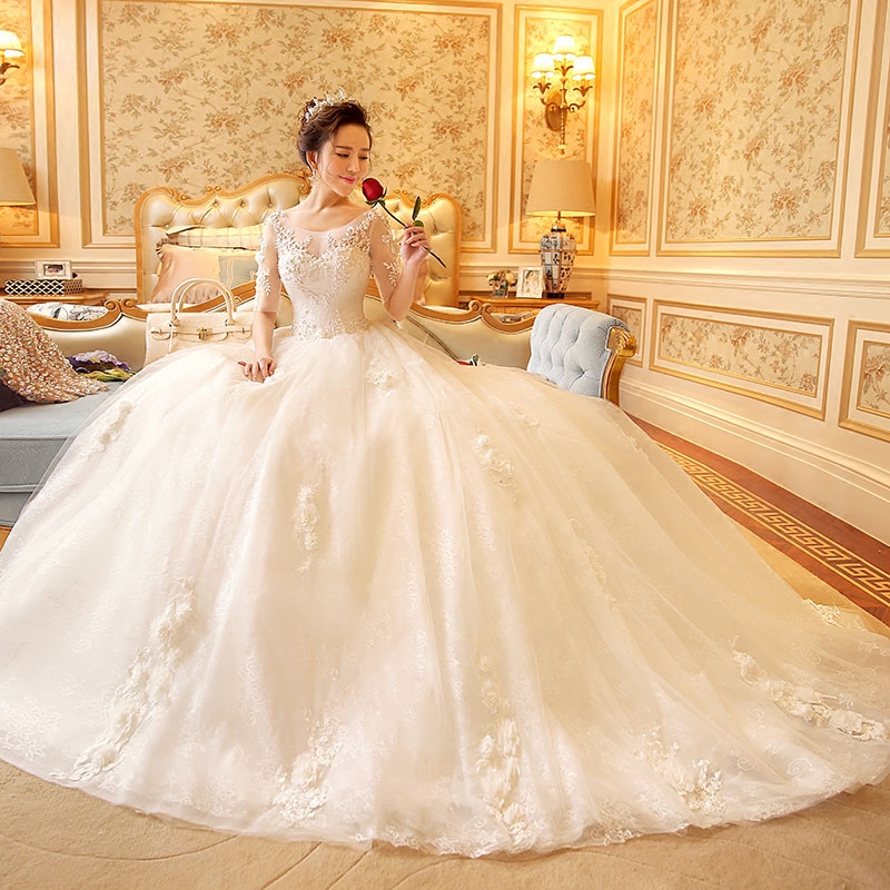 Ericdress Scoop Neck Appliques Ball Gown Wedding Dress With Sleeves