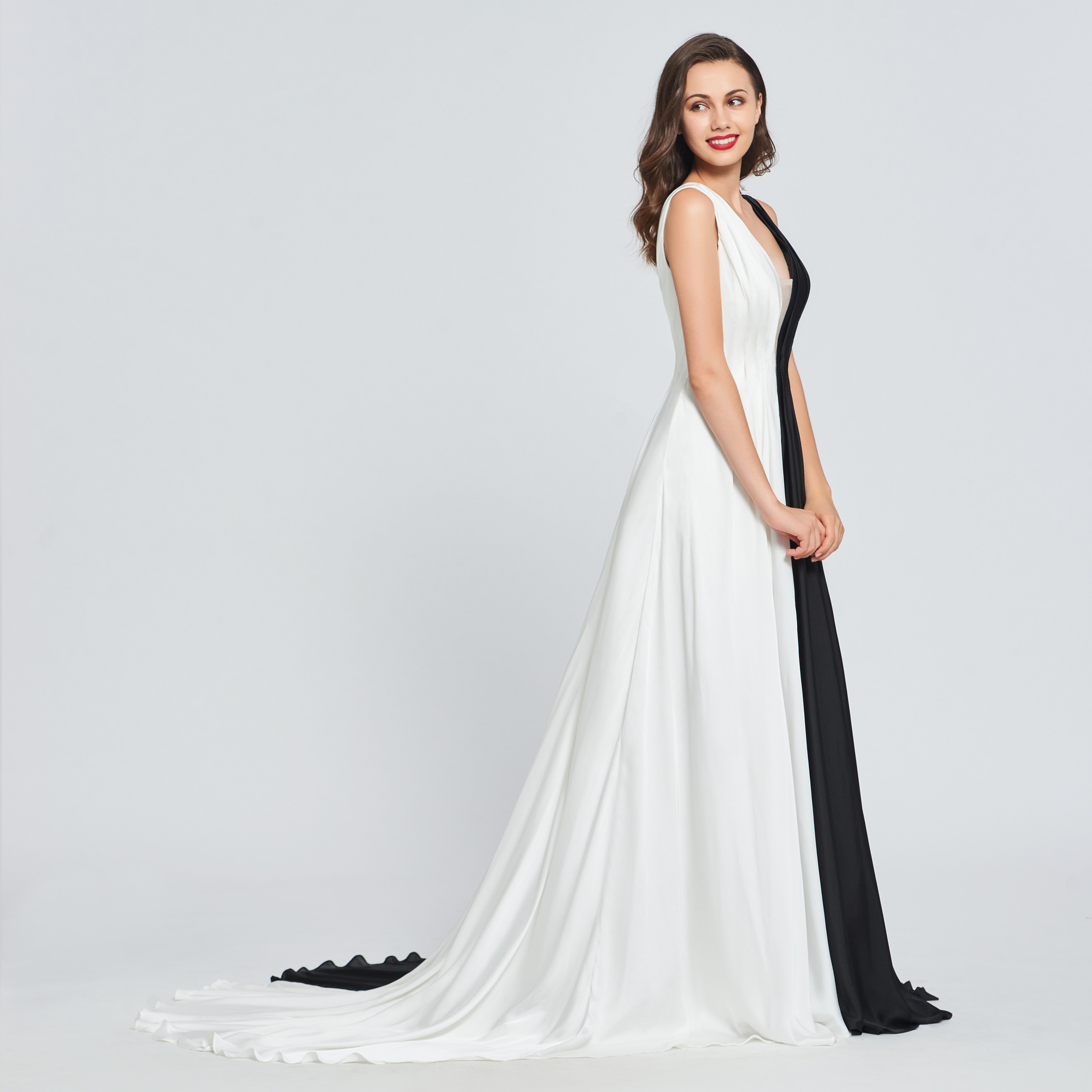 Ericdress A Line V Neck Black And White Long Prom Dress 3230