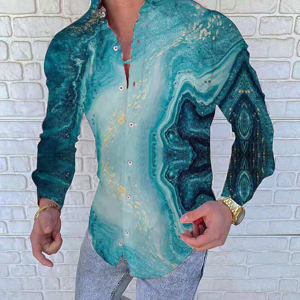 Ericdress Print Lapel Casual Single-Breasted Long Sleeves	Men's Slim Shirt