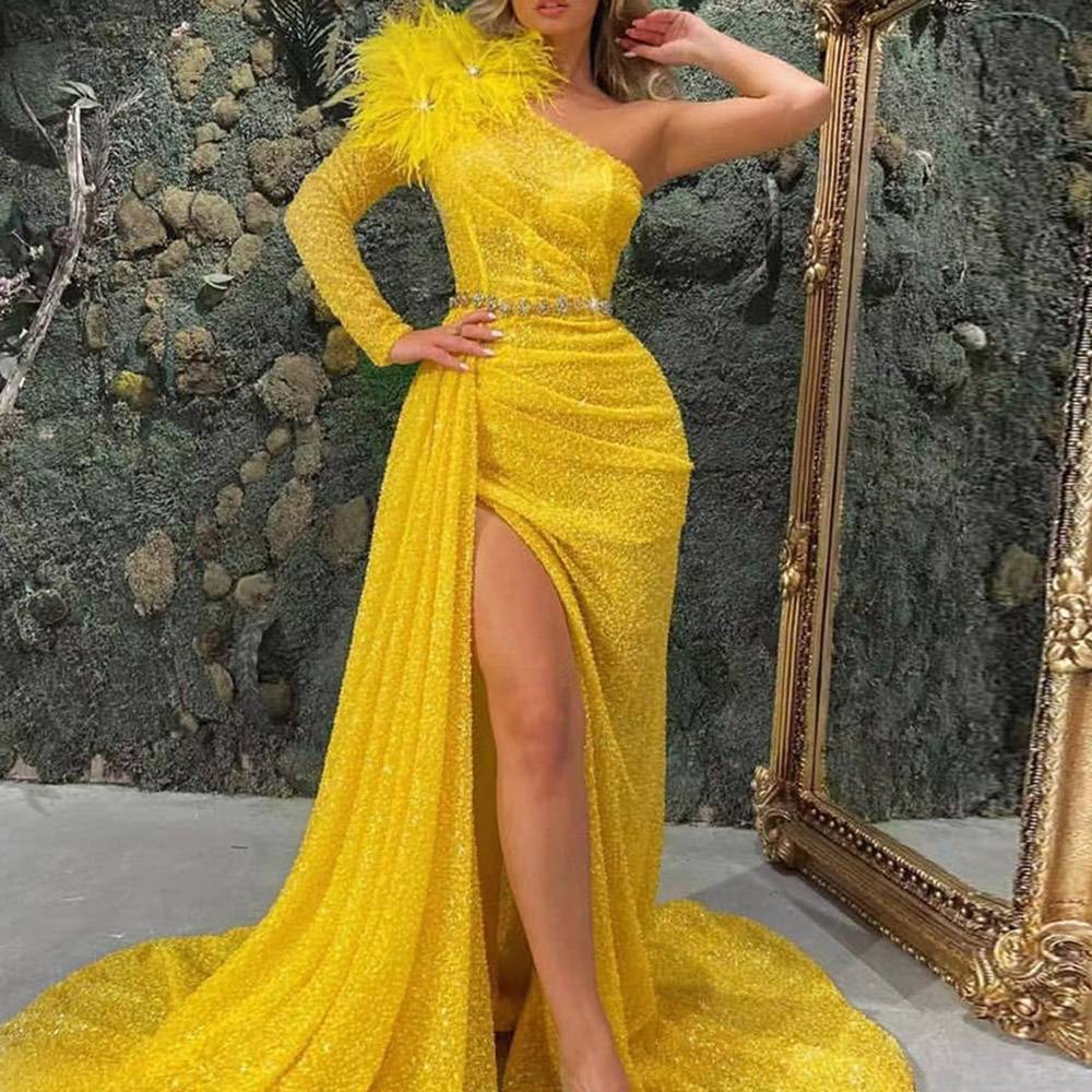 Ericdress Feather Trumpet/Mermaid Long Sleeves One Shoulder Formal Dress 2021