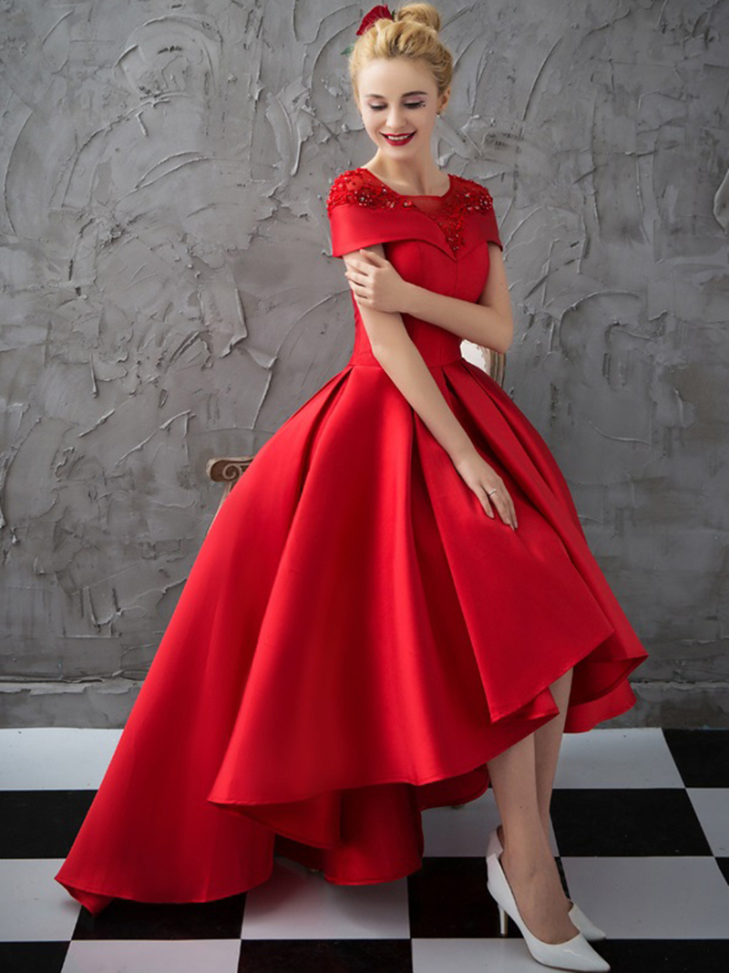 Ericdress Beading Cap Sleeve Asymmetrical Red Evening Dress