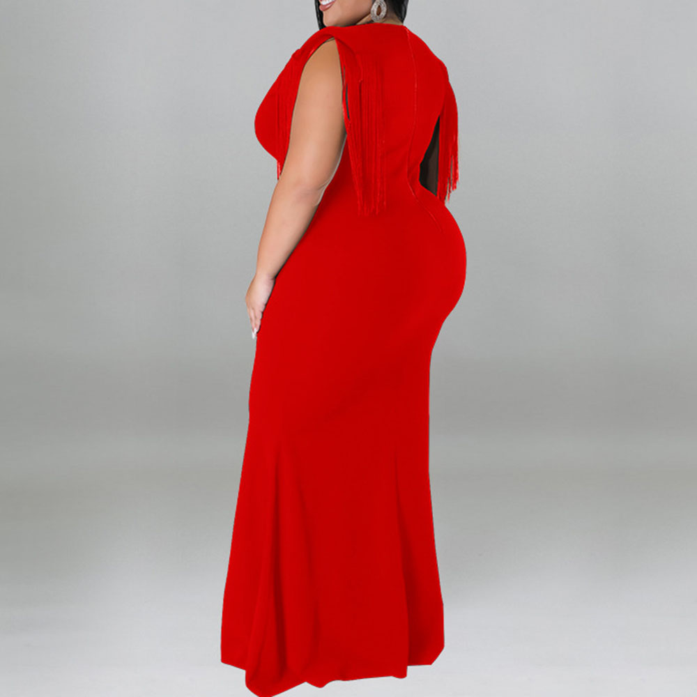 Ericdress Tassel V-Neck Floor-Length Plain Pullover Plus Size Maxi Dress