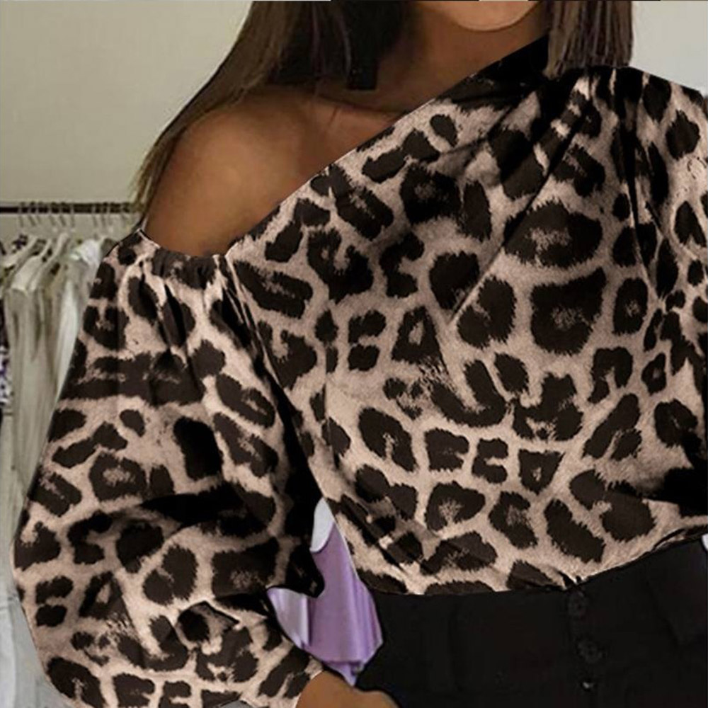 Ericdress Oblique Collar Leopard Asymmetric Mid-Length Long Sleeve Women's Blouse