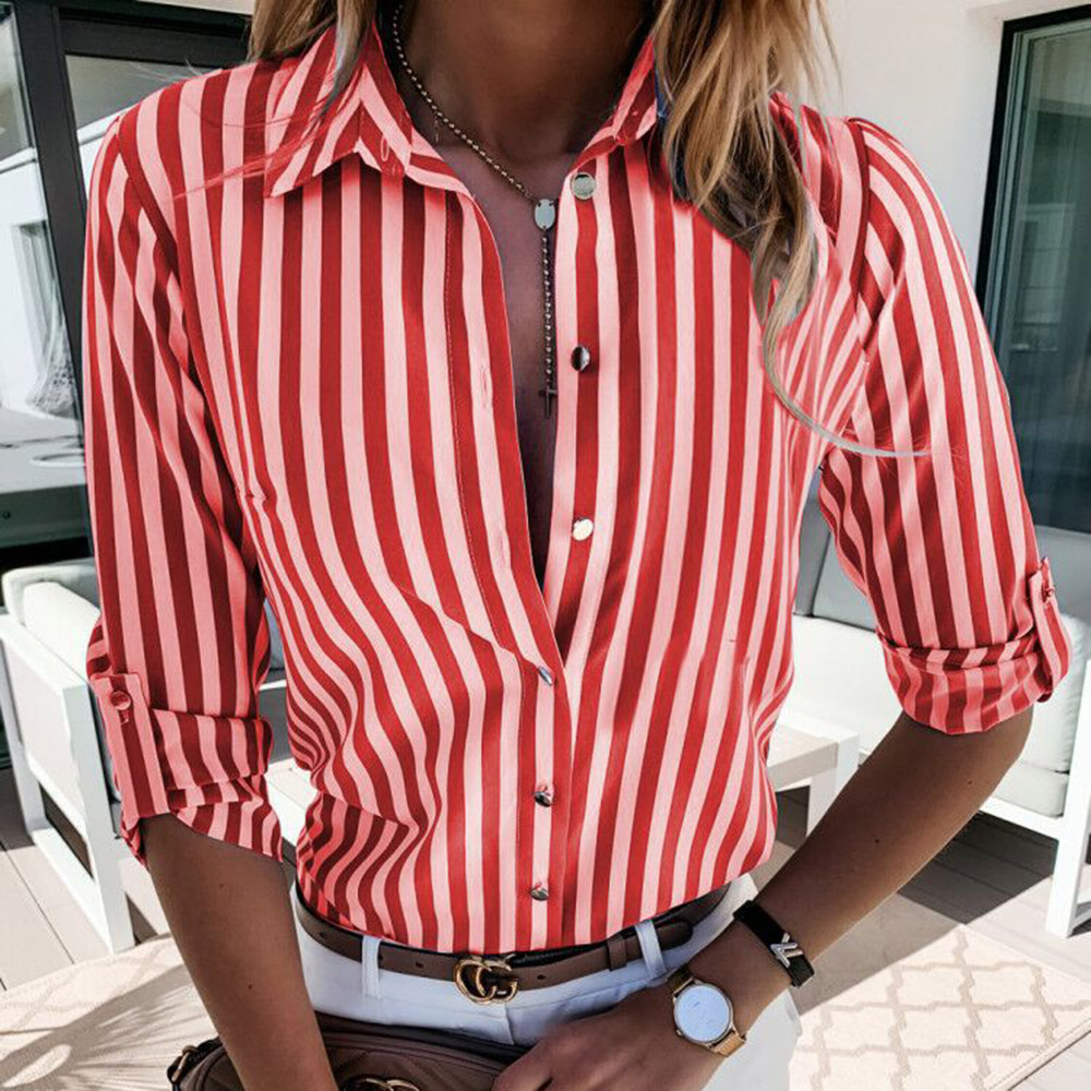Ericdress Lapel Stripe Button Long Sleeve Women's Standard Blouse