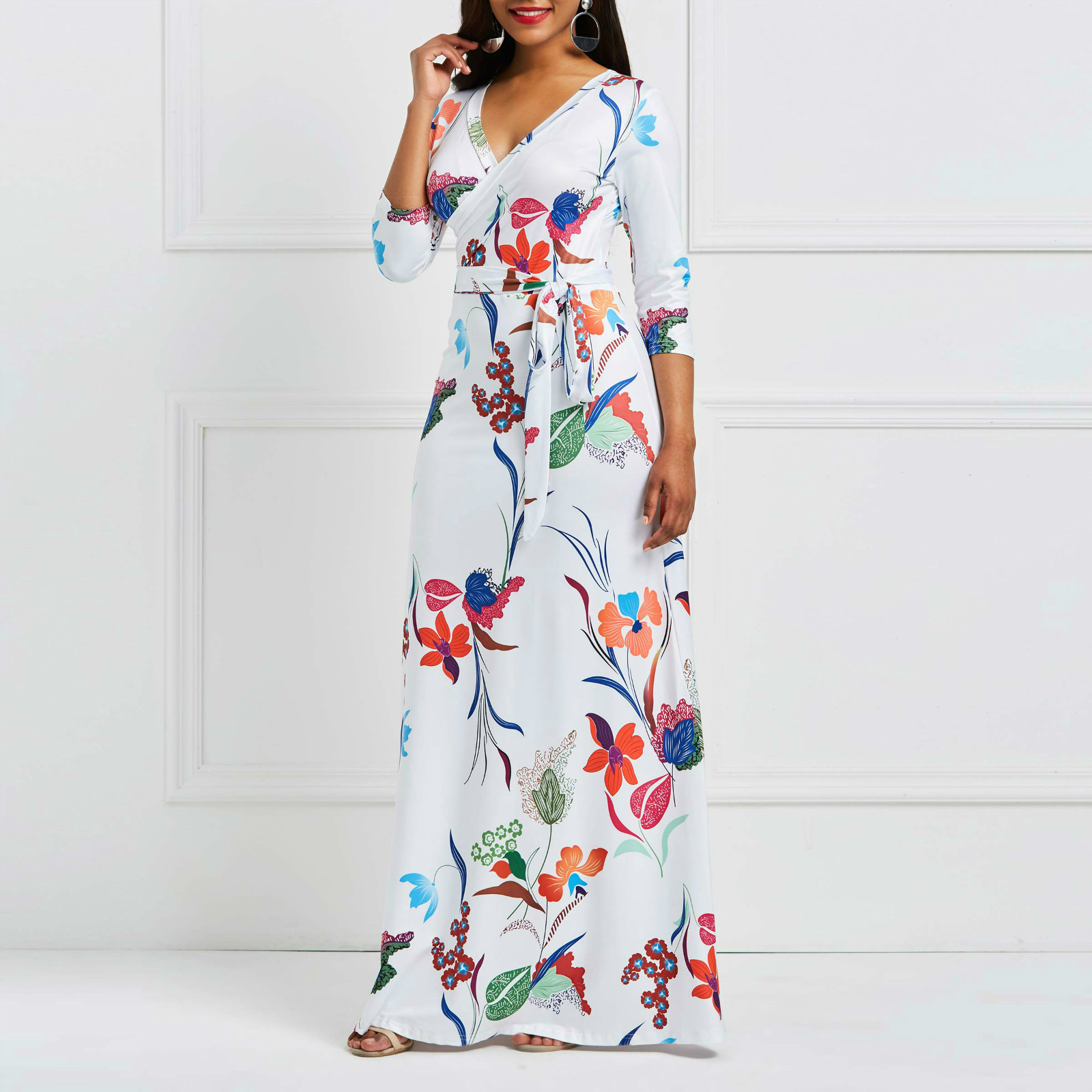 Ericdress Floral V-Neck Milk Fiber Geometric Maxi Dress