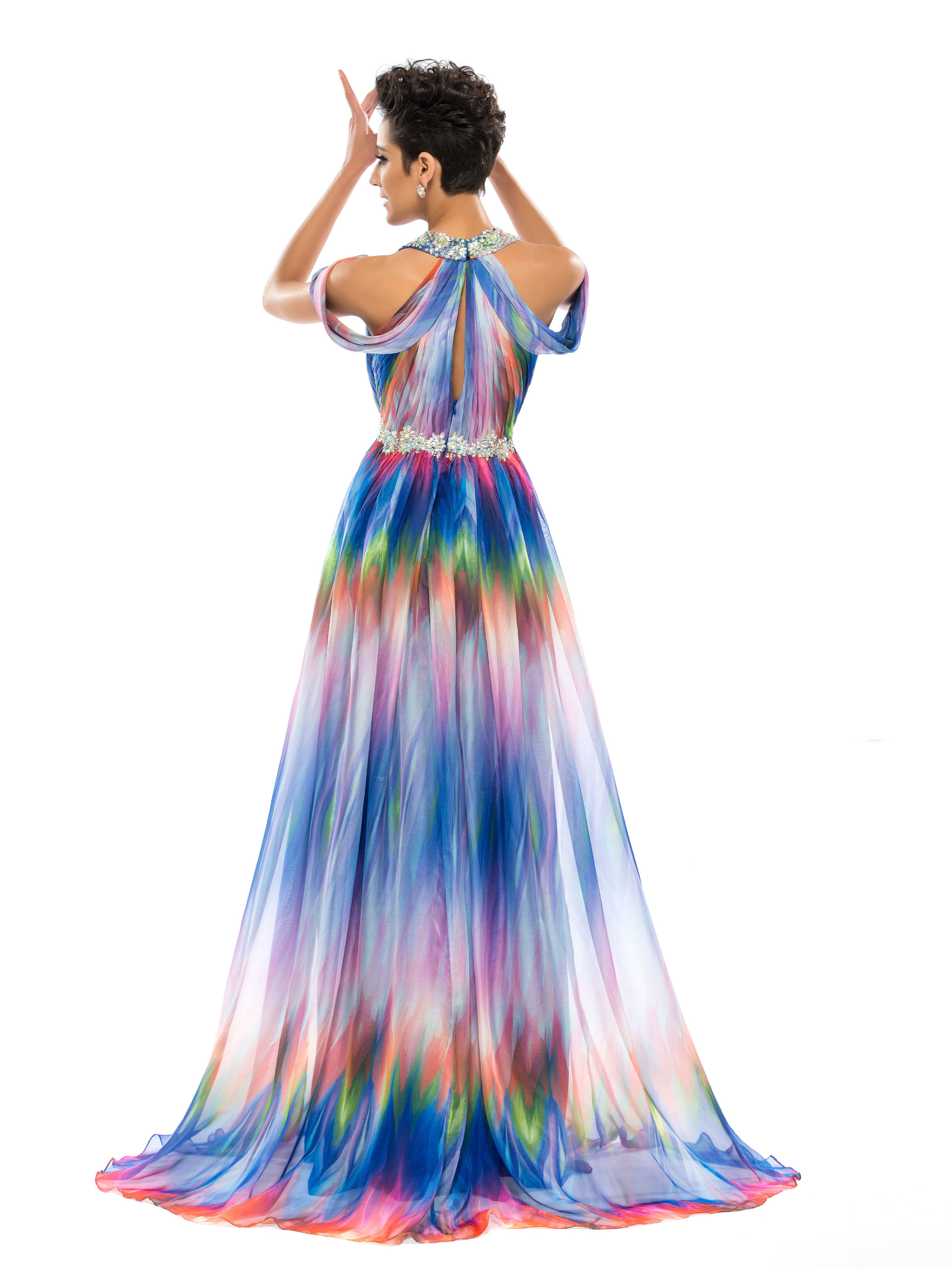 Pretty Halter V-Neck Empire Pleats Printed Evening Dress