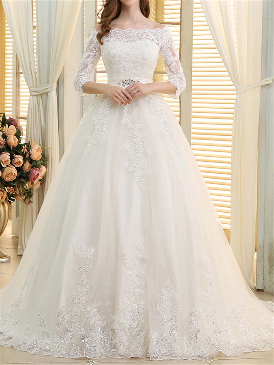 Ericdress Beading Appliques Sleeves Off the Shoulder Wedding Dress