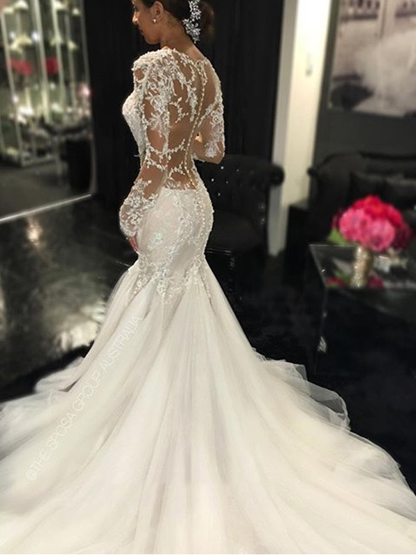 Ericdress Appliques Mermaid Wedding Dress with Long Sleeves