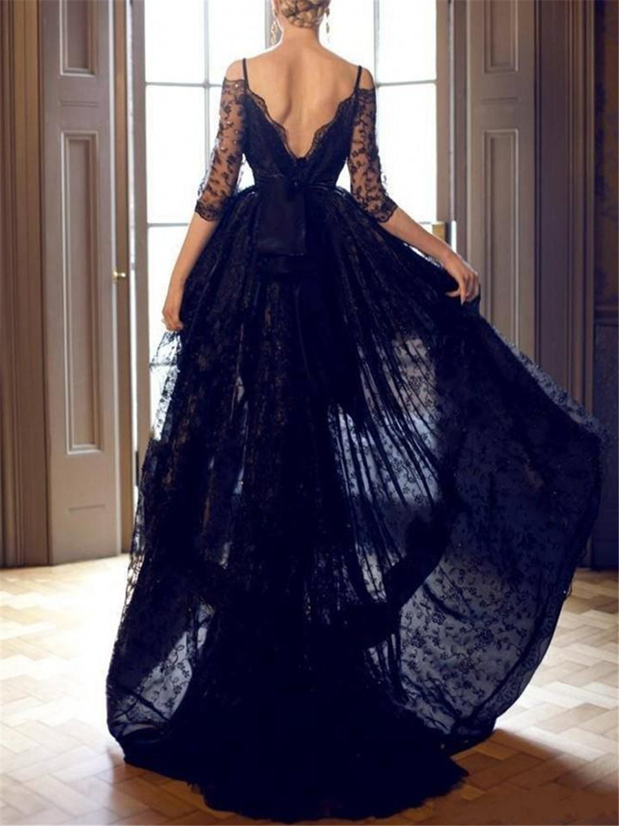 Ericdress Half Sleeves High Low Black Lace Evening Dress Black Wedding Dresses
