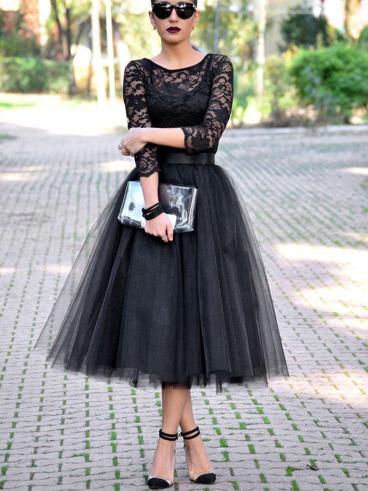 Ericdress Black Lace Tea-Length Evening Dress with Sleeves Black Wedding Dresses