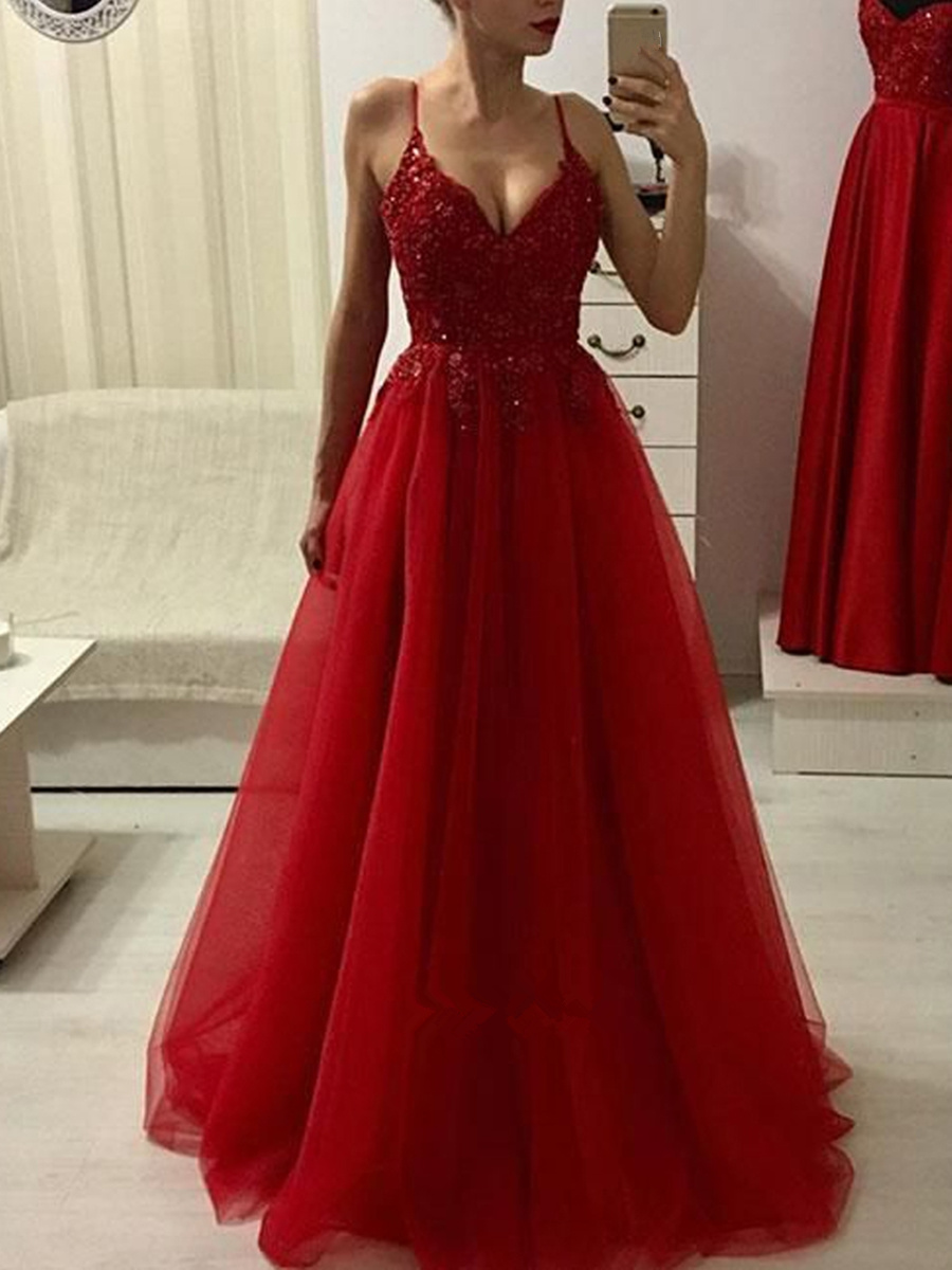 Ericdress Spaghetti Straps Beading A-Line Red Prom Dress