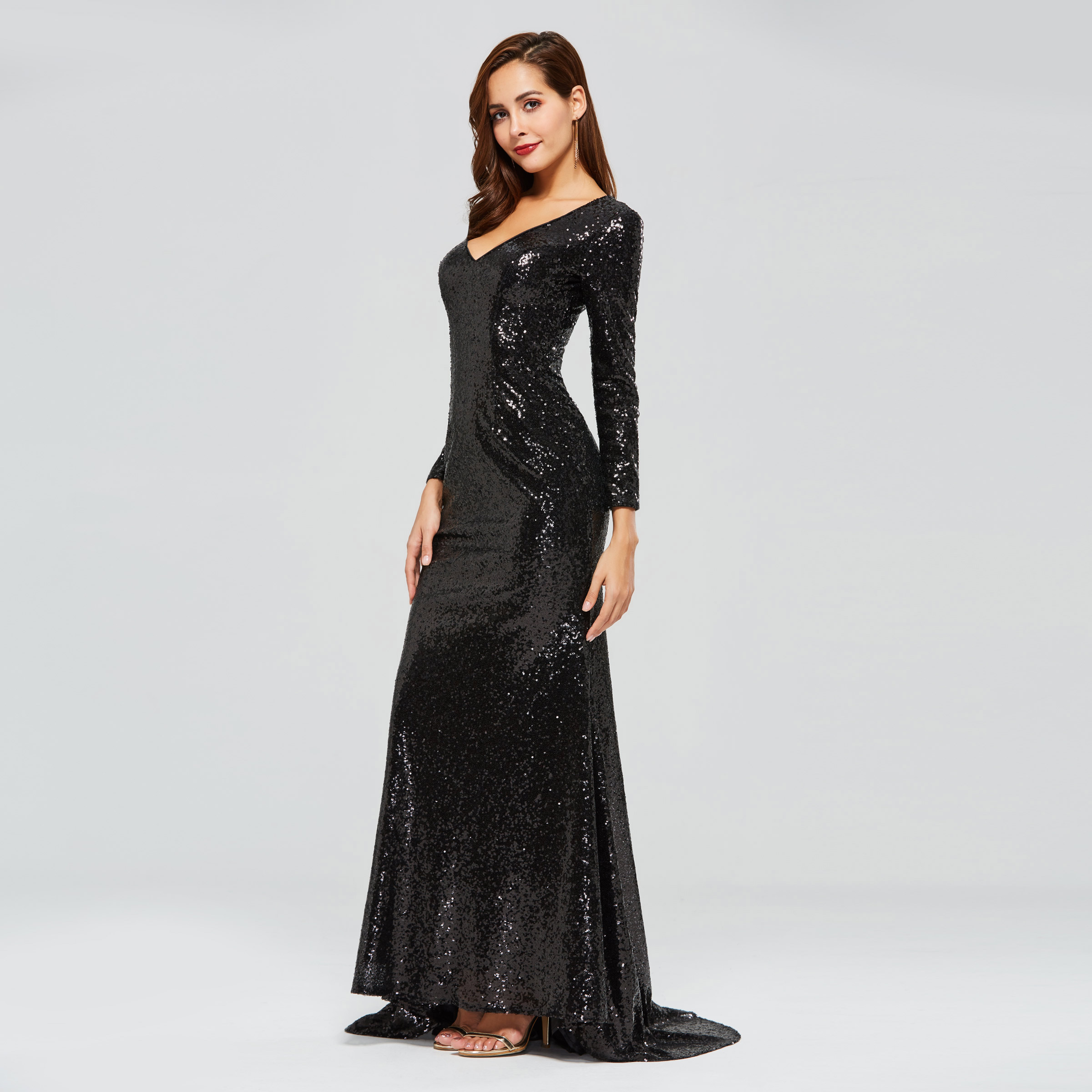 Ericdress Long Sleeve Black Sequins Evening Dress