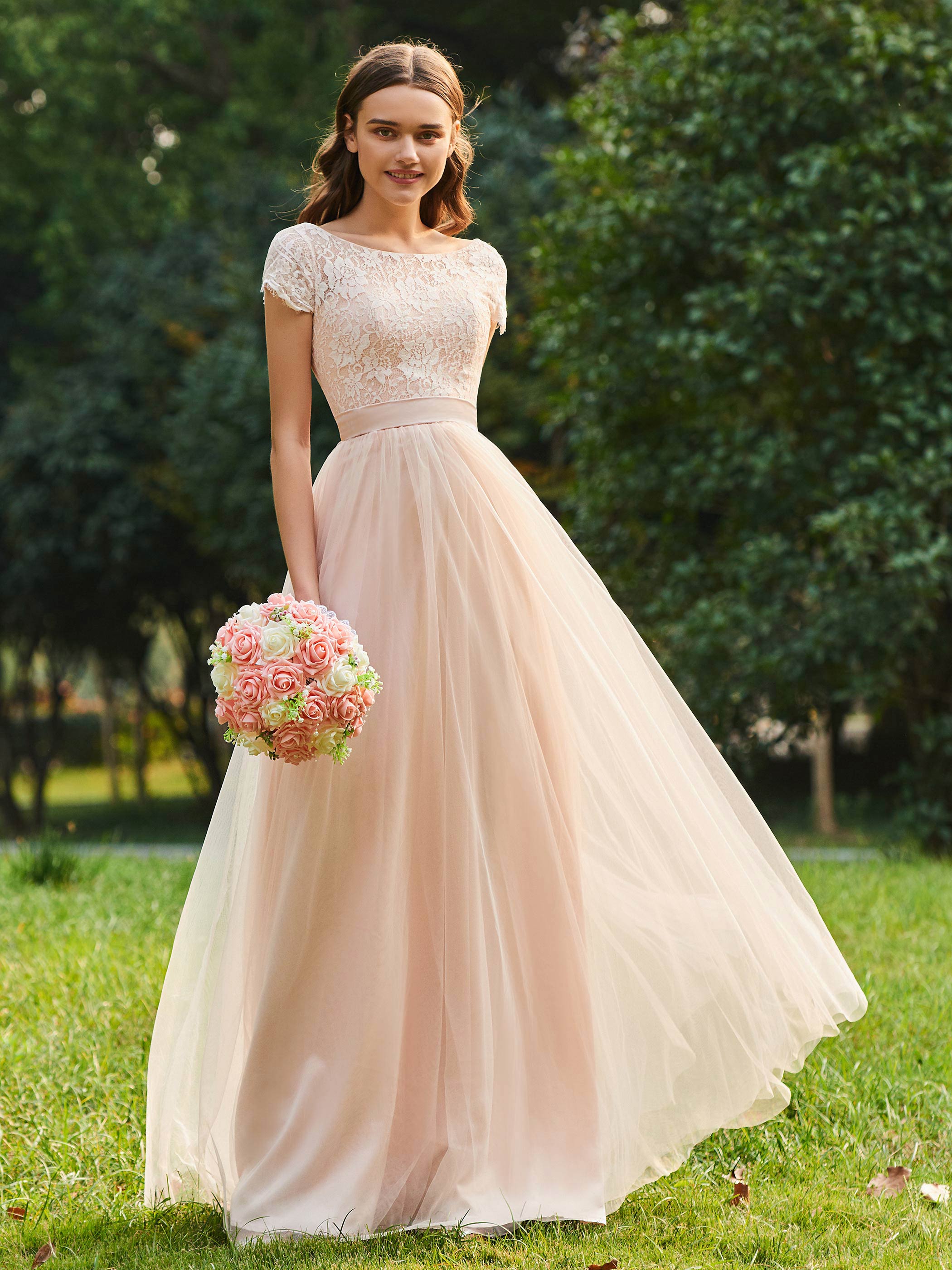 Ericdress Short Sleeves A Line Lace Bridesmaid Dress Rose Quartz Dress