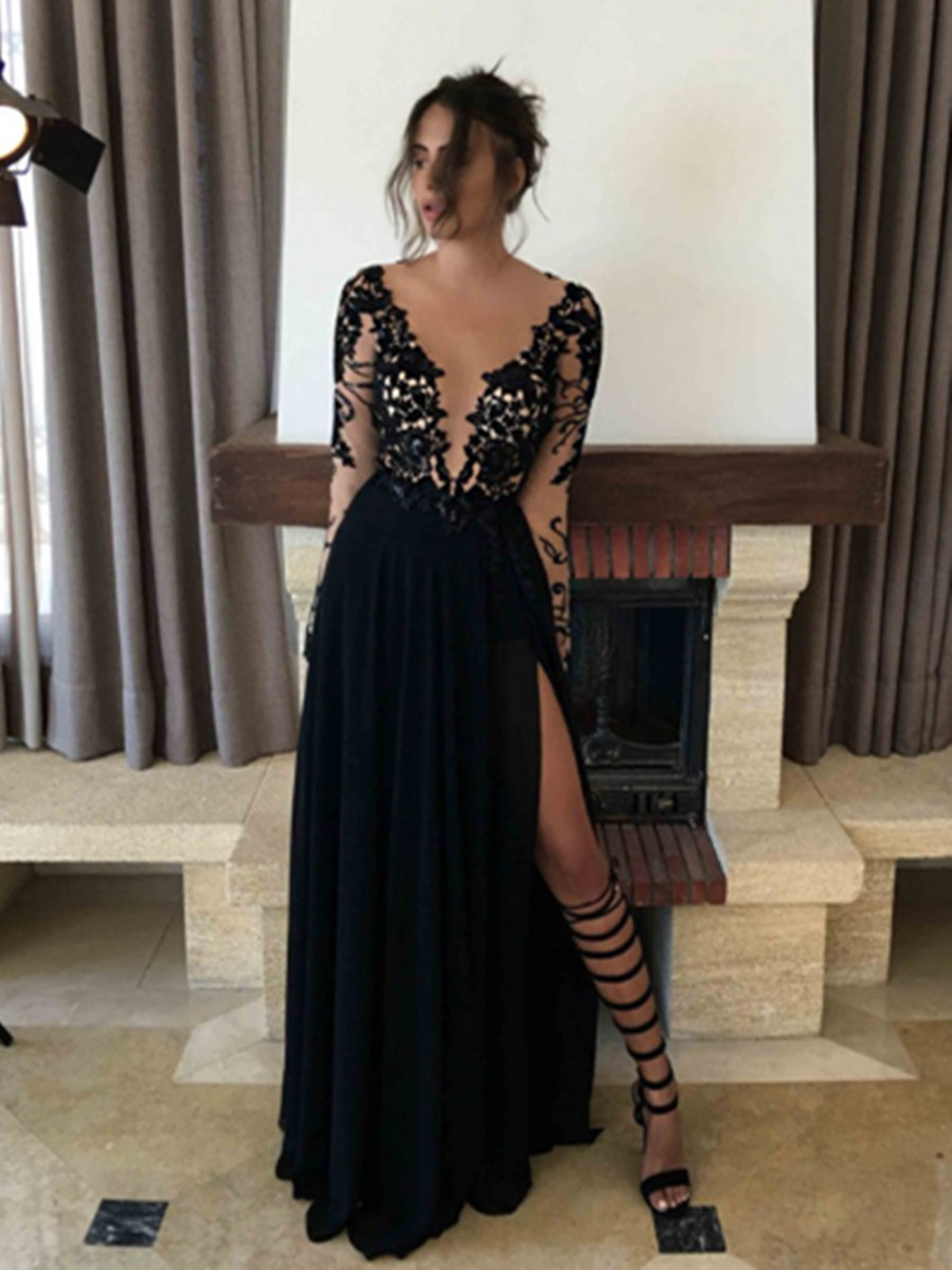 Ericdress Sexy V-Neck Long Sleeves Black Prom Dress