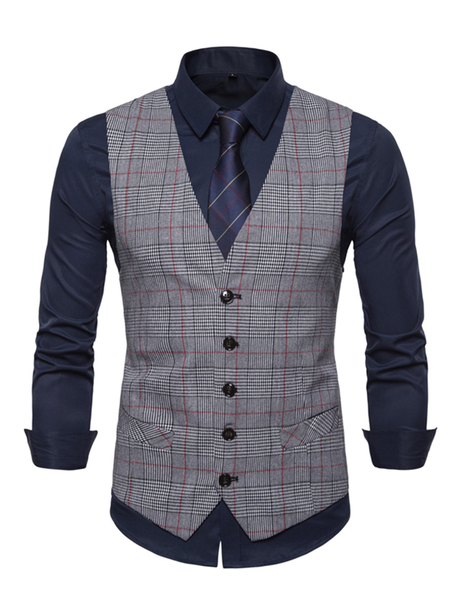 Ericdress Plaid V-Neck Single-Breasted Mens Casual Waistcoat-www ...