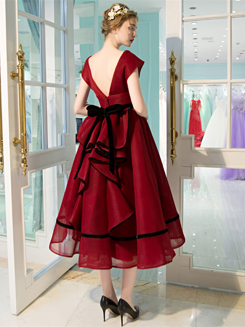 Ericdress A-Line Cap Sleeves Tea-length Evening Dress With Bowknot