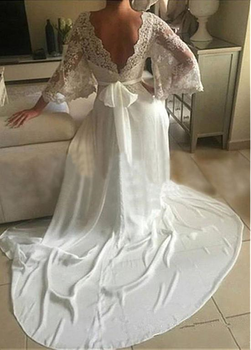 Ericdress Deep V Neck Appliques Beach Wedding Dress with Sleeves