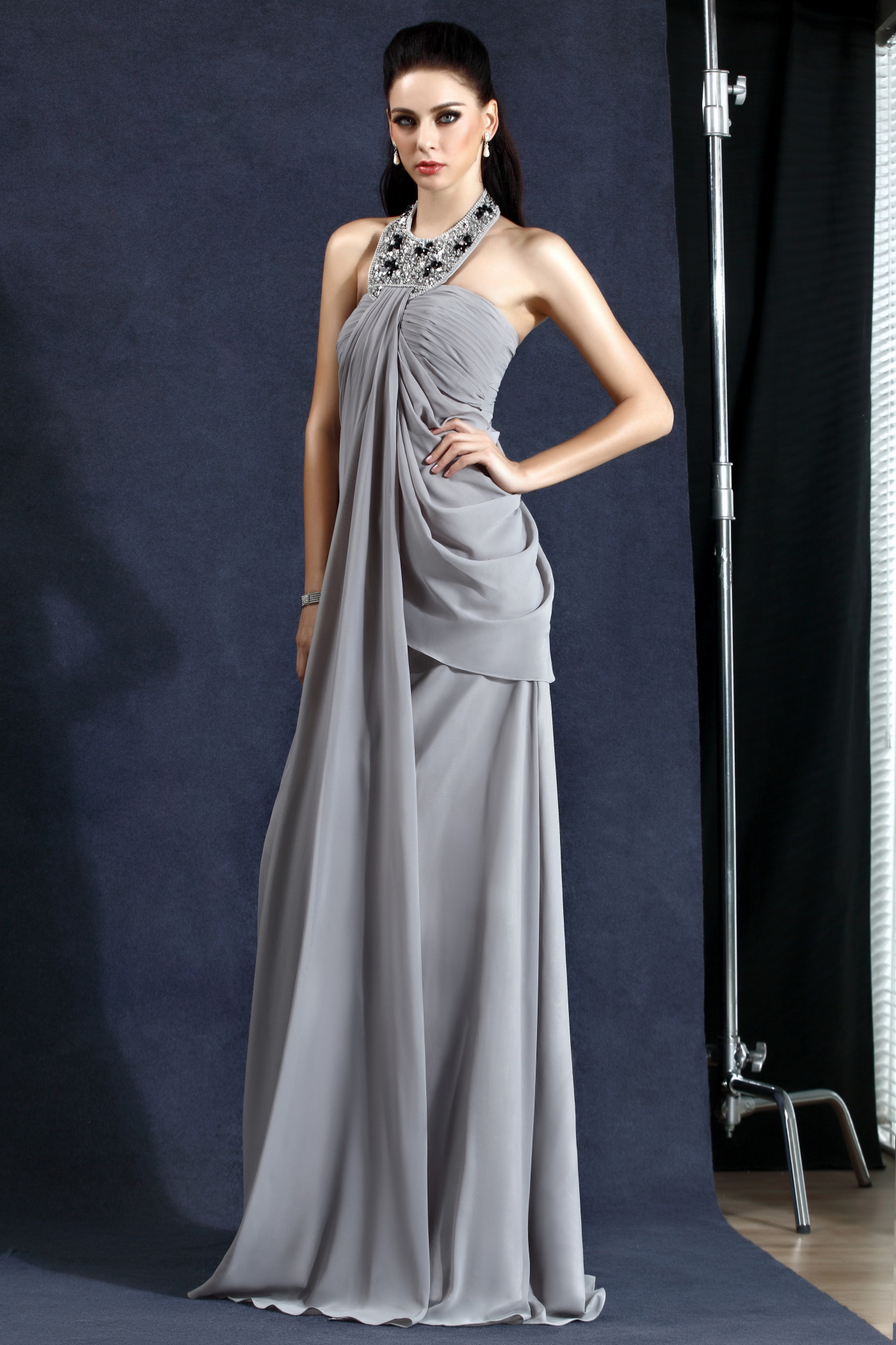 Elegant A-Line Halter Draped Floor-Length Polina's Evening Dress