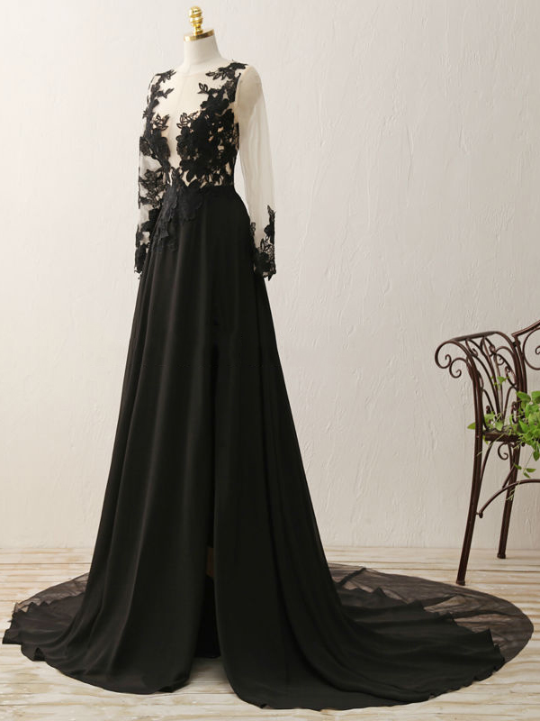 Ericdress Scoop Neck Appliques Split-Front Evening Dress Black Wedding Dresses
