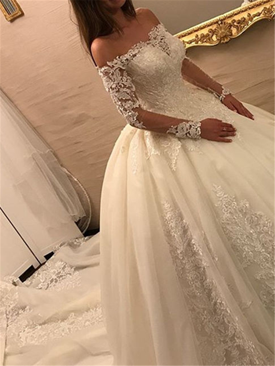 Ericdress Off The Shoulder Appliques Long Sleeves Ball Gown Wedding Dress