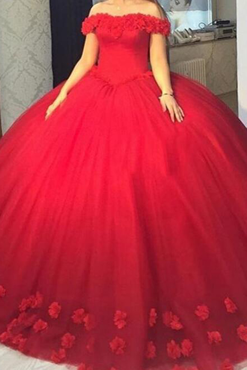 Ericdress Off-the-Shoulder Ball Gown Flowers Red Quinceanera Dress