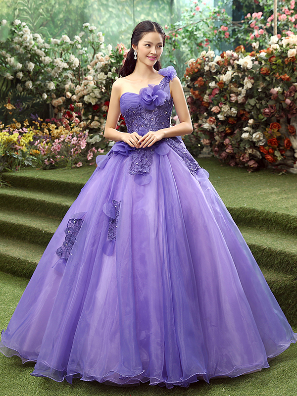 Ericdress Flowers One Shoulder Pleated Beading Ball Quinceanera Dress