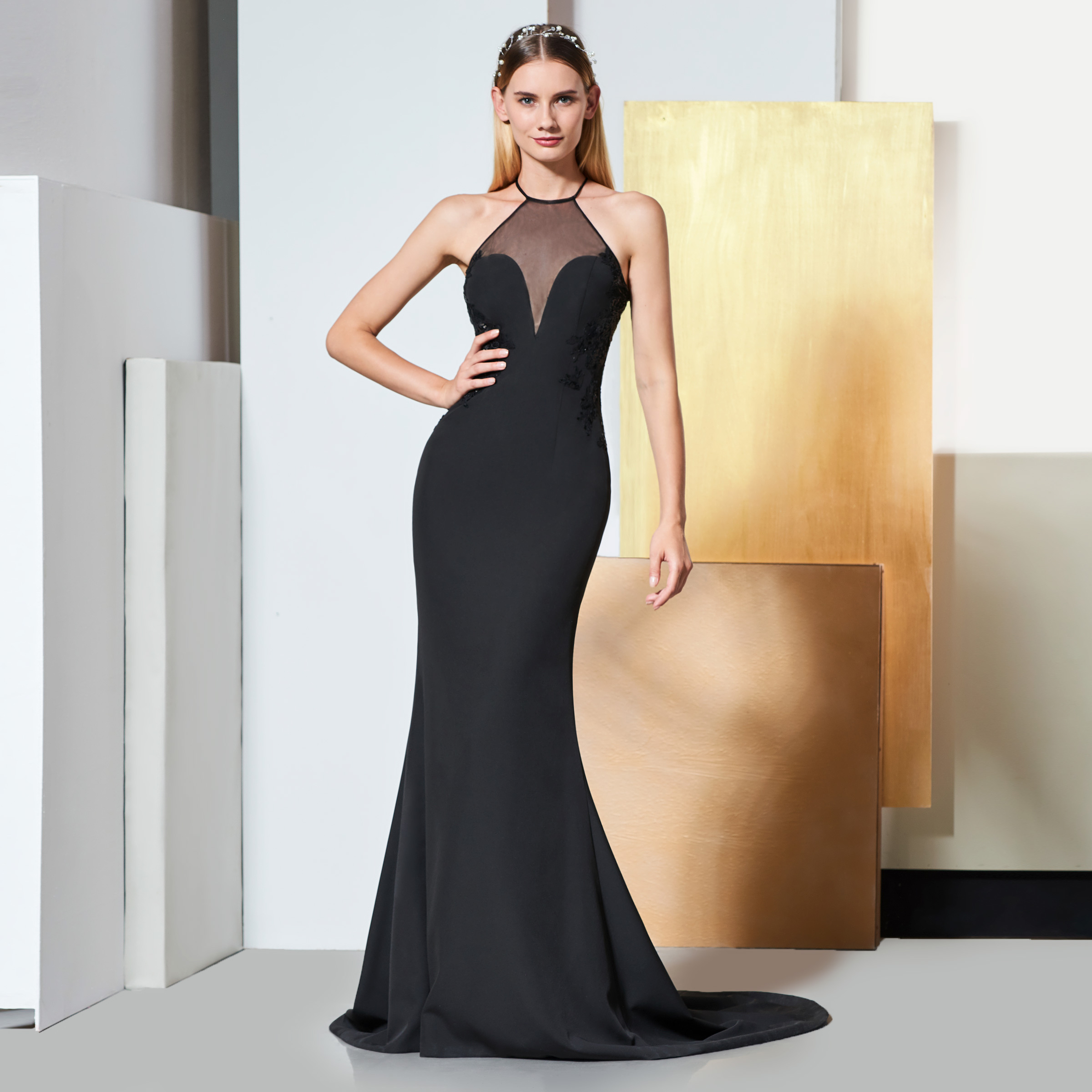 Ericdress Halter Sequin Applique Black Mermaid Evening Dress