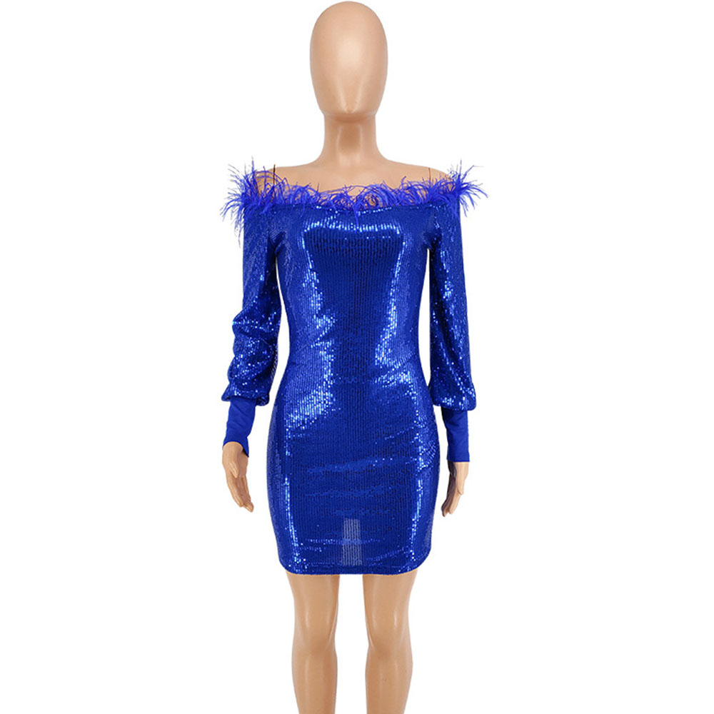 Ericdress Plus Size Off Shoulder Long Sleeve Sequins Bodycon Plain Dress