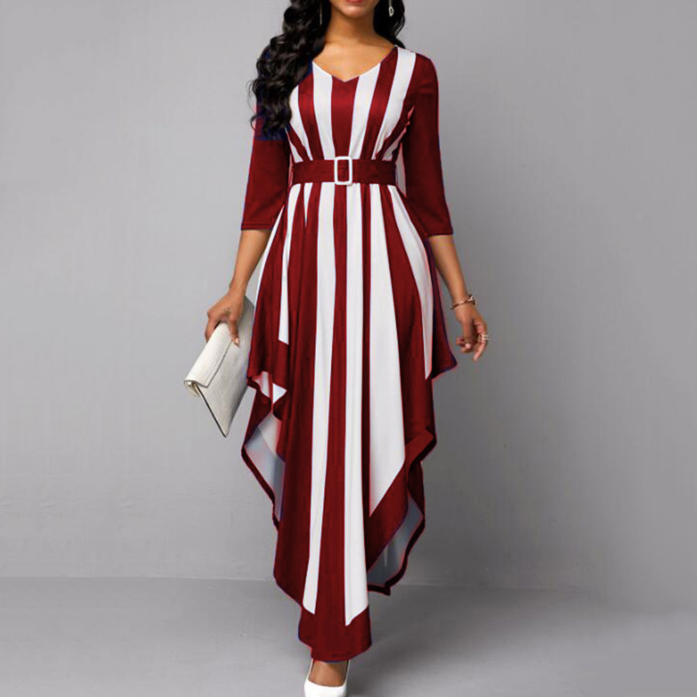 Ericdress Three-Quarter Sleeve V-Neck Floor-Length Sweet Asymmetrical Maxi Dress