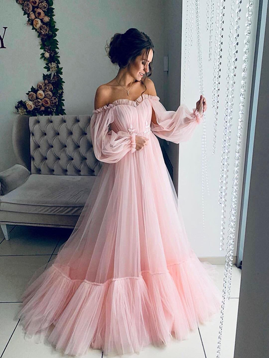 Ericdress Off the Shoulder Ruffled Sleeves Pink Prom Dresses