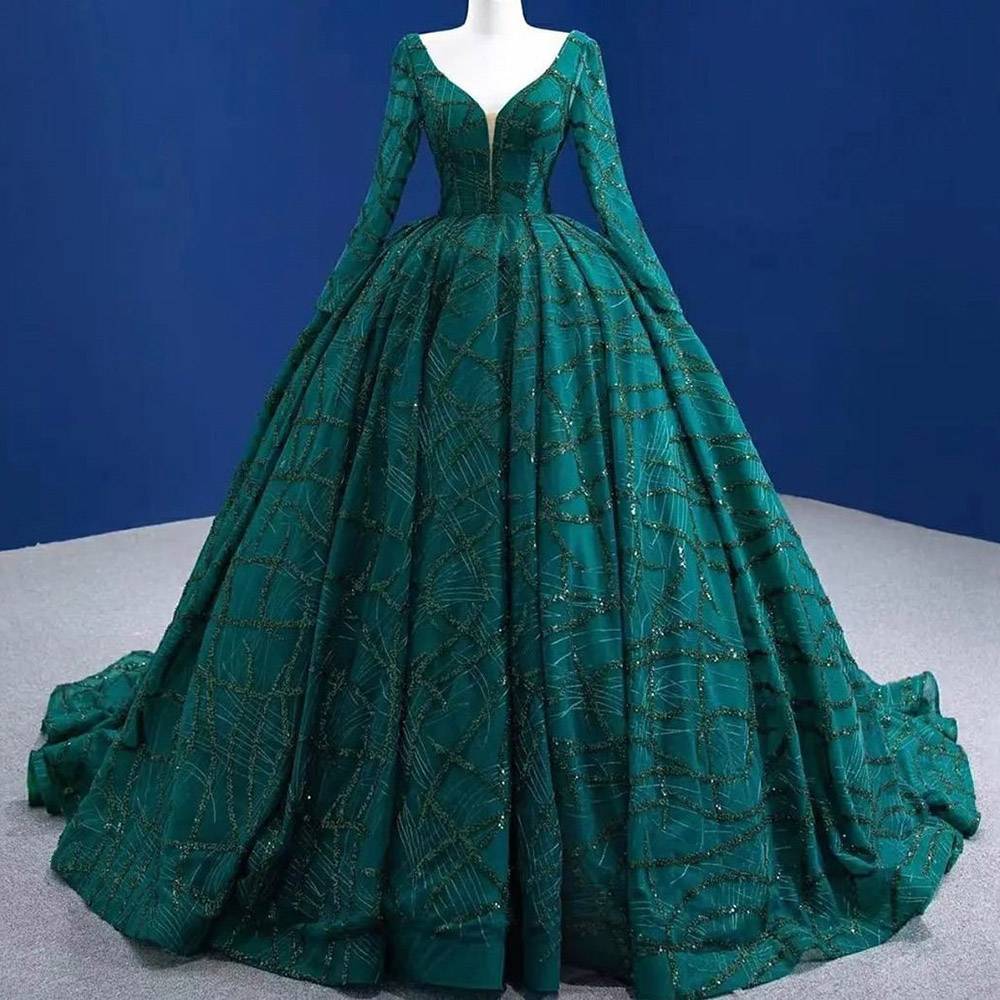 Ericdress V-Neck Long Sleeves Ball Gown Floor-Length Evening Dress 2021