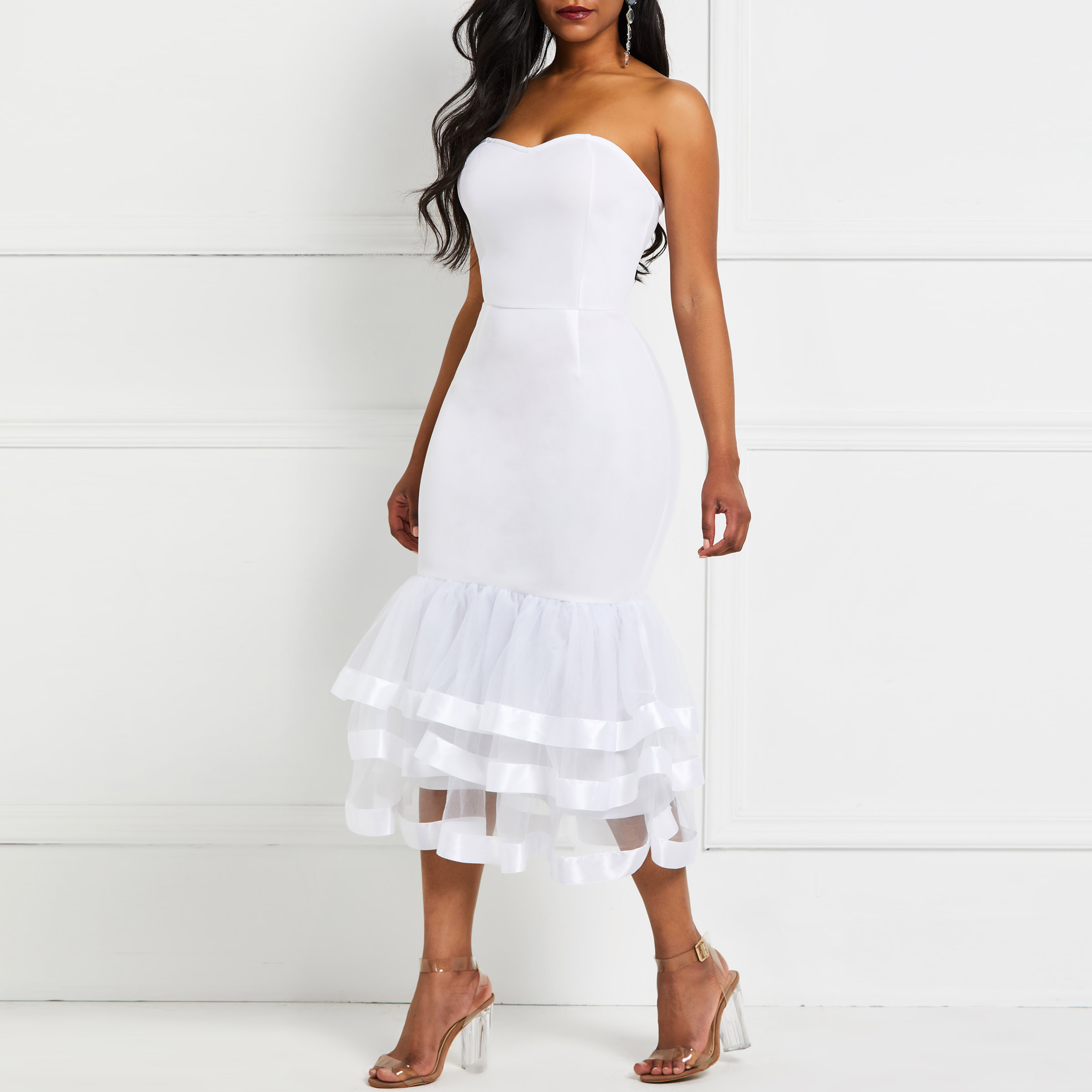 Ericdress African Fashion Sleeveless Ruffles White Bodycon Dress