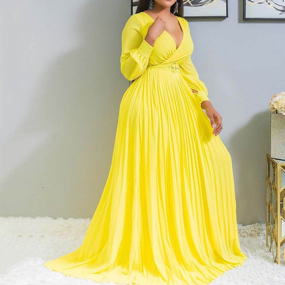 Ericdress Plus Size Pleated Floor-Length Expansion Yellow Maxi Dress