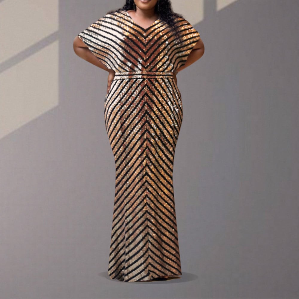 Ericdress Plus Size V-Neck Sequins Floor-Length Pullover Summer Bodycon Dress