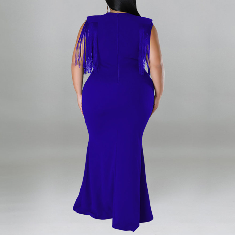 Ericdress Tassel V-Neck Floor-Length Plain Pullover Plus Size Maxi Dress