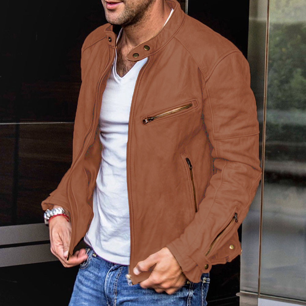 Ericdress Plain Standard Stand Collar Zipper Men's Slim Leather Jacket