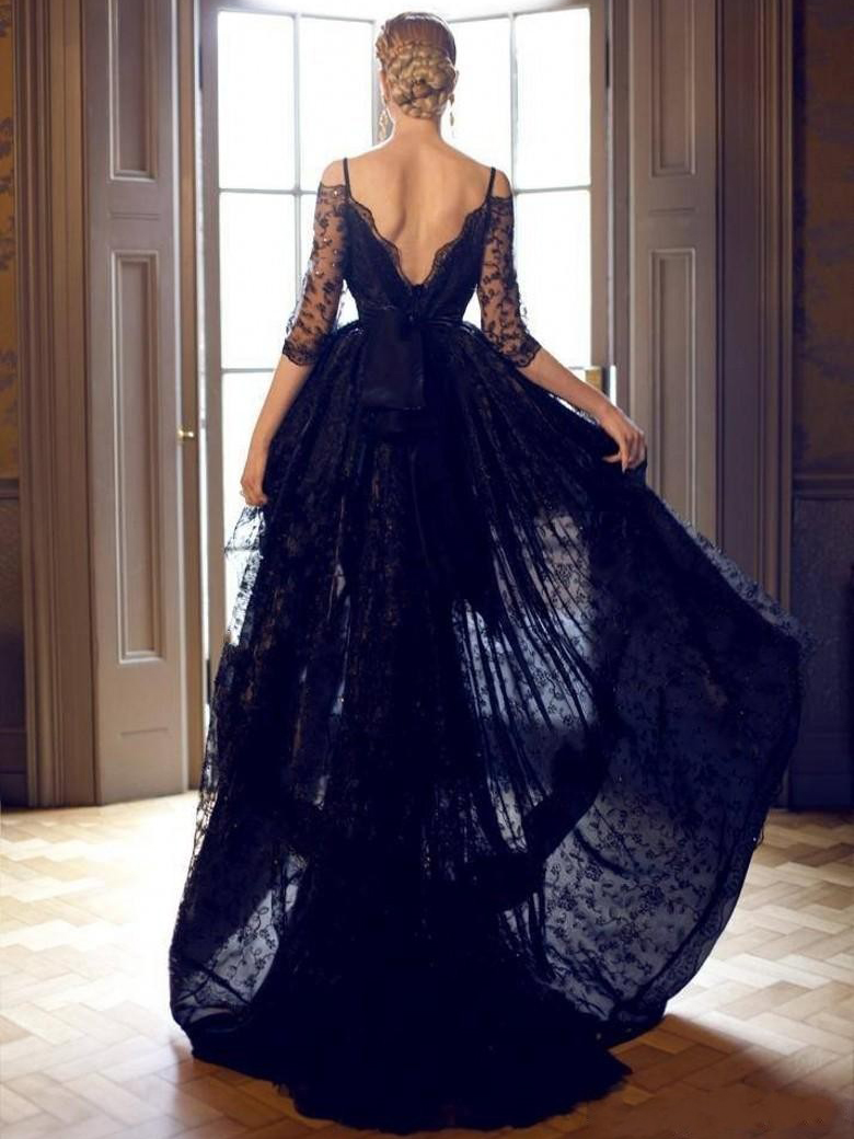 Ericdress Half Sleeves High Low Black Lace Evening Dress Black Wedding Dresses