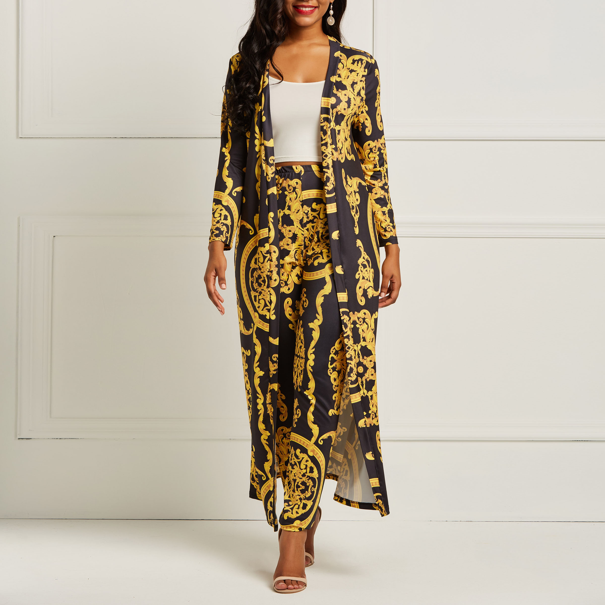Ericdress Print Floral Trench Coat and Pencil Pants Women's Two Piece Set