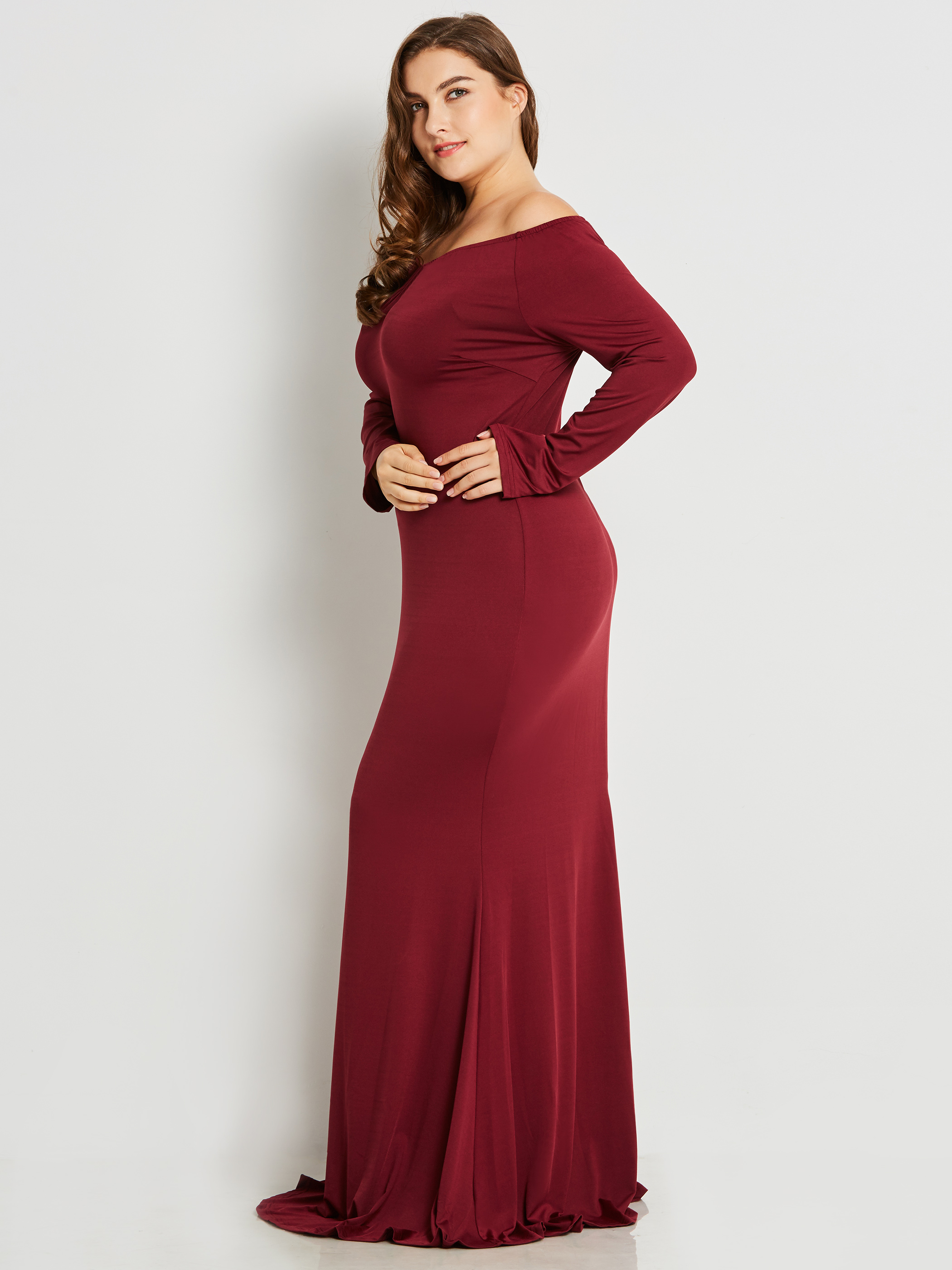 Ericdress Plus Size V-Neck Slim Pleated Solid Collar Maxi Dress