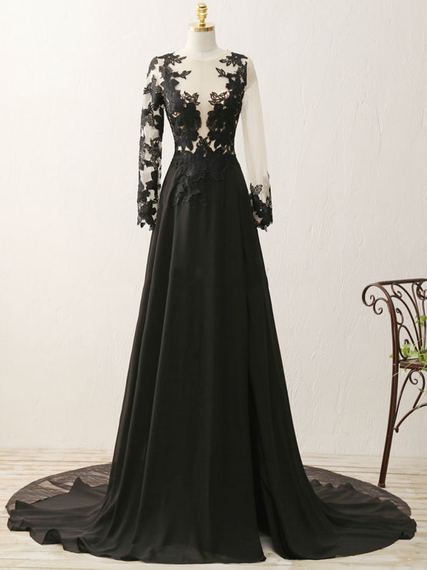 Ericdress Scoop Neck Appliques Split-Front Evening Dress Black Wedding Dresses