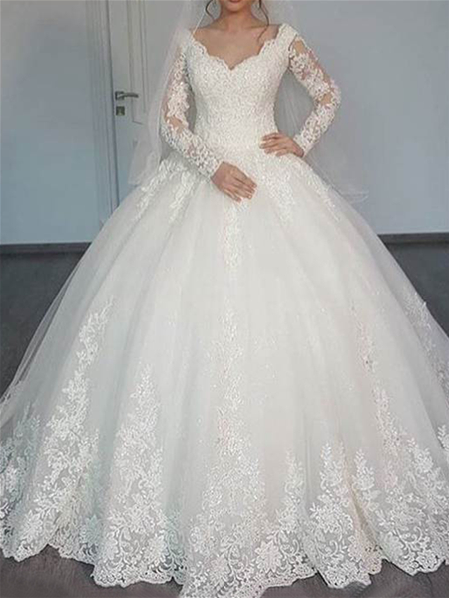 Ericdress Appliques Ball Gown Wedding Dress with Long Sleeves