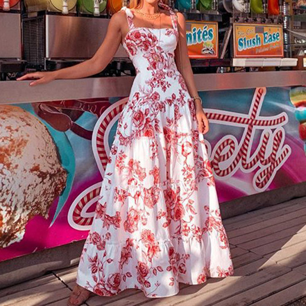 Ericdress Print Sleeveless Floor-Length Spaghetti Strap Maxi Dress