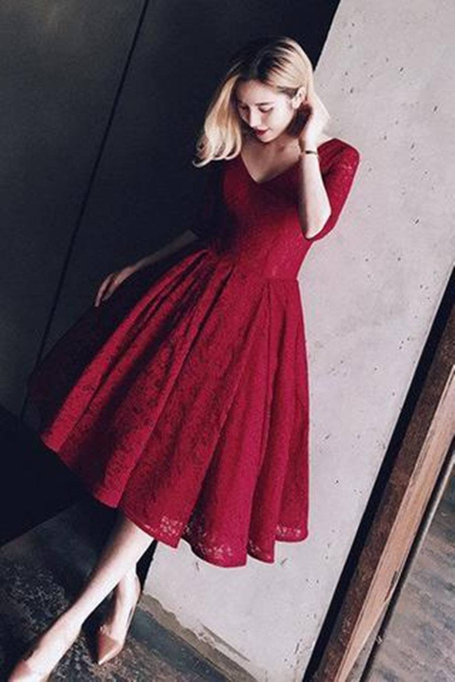 Ericdress Knee-Length Lace Half Sleeves V-Neck Cocktail Dress