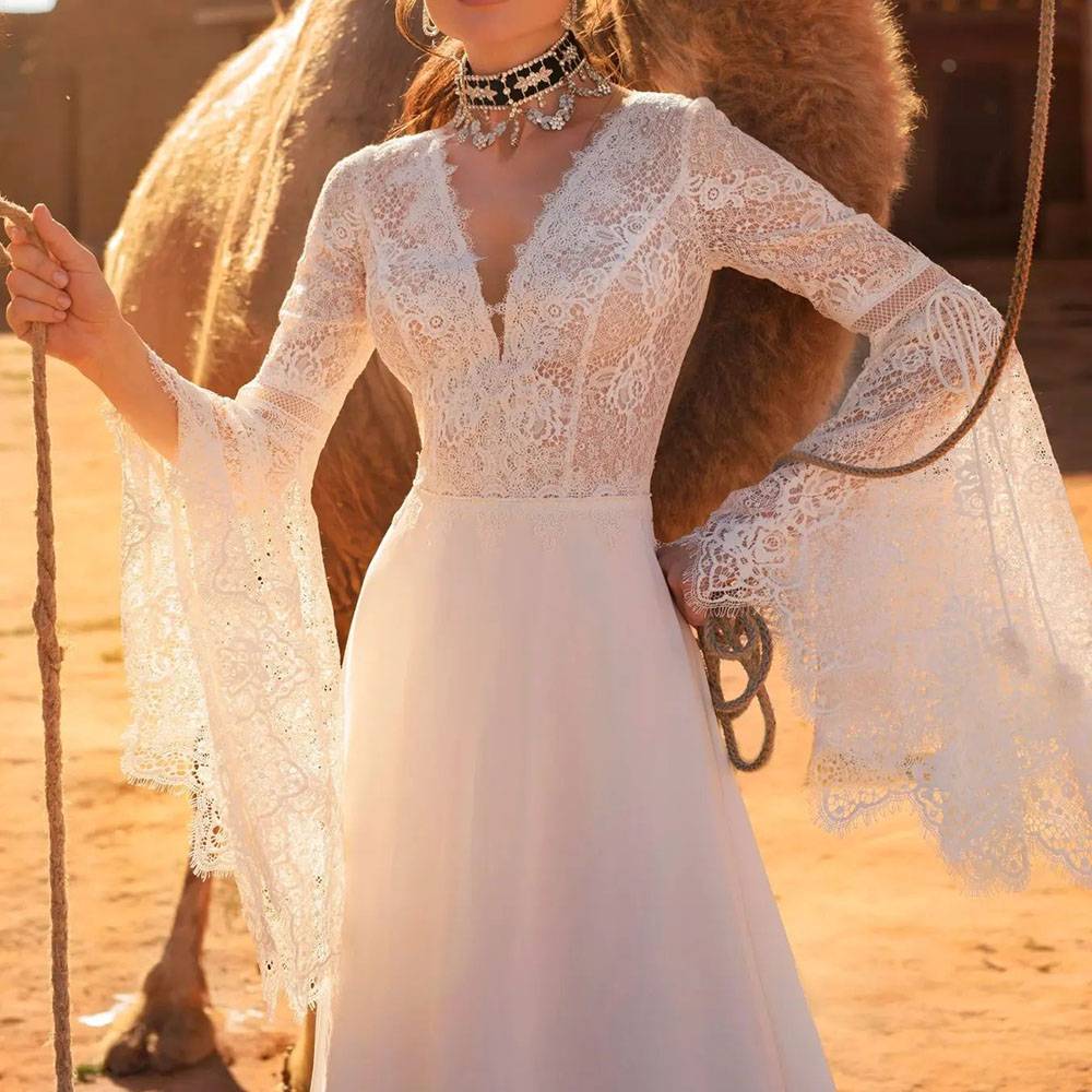 Ericdress Long Sleeves Floor-Length V-Neck Lace Garden/Outdoor Wedding Dress