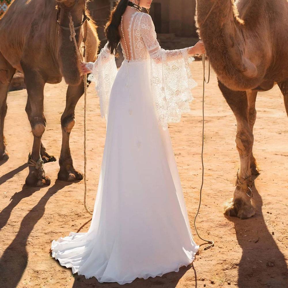 Ericdress Long Sleeves Floor-Length V-Neck Lace Garden/Outdoor Wedding Dress
