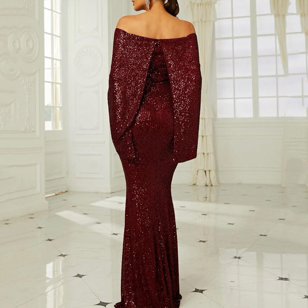 Ericdress Off-The-Shoulder Floor-Length Sequins Long Sleeves Formal Evening Dress