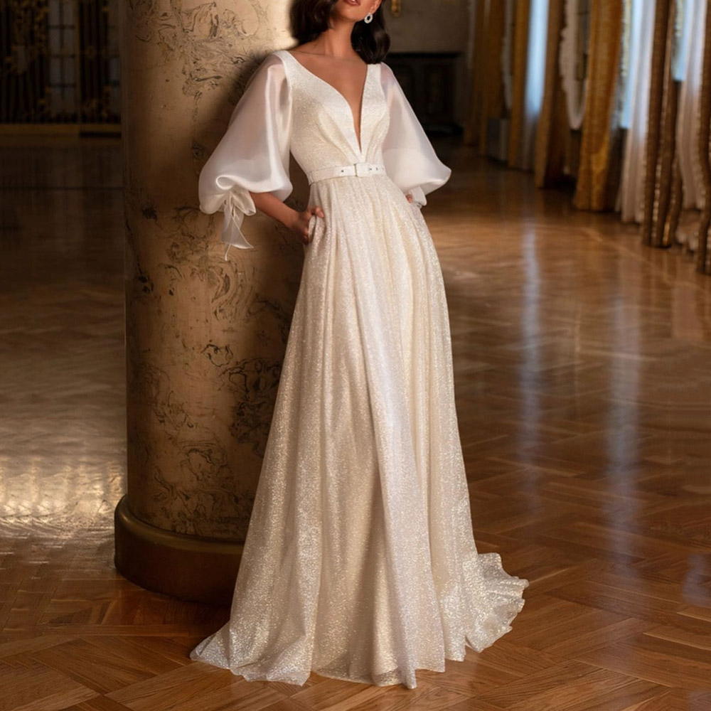 Ericdress Floor-Length A-Line Sequins 3/4 Length Sleeves Church Wedding Dress
