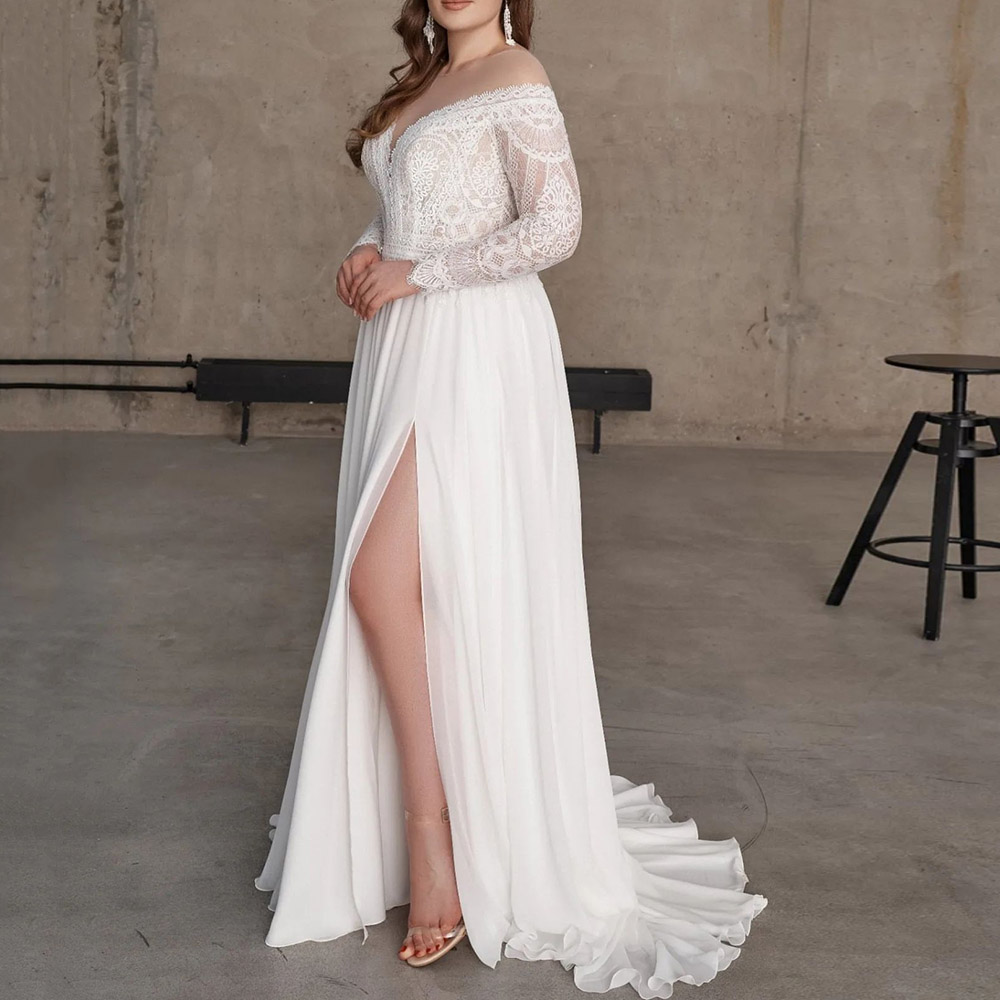 Ericdress Split-Front V-Neck A-Line Long Sleeves Garden/Outdoor Wedding Dress