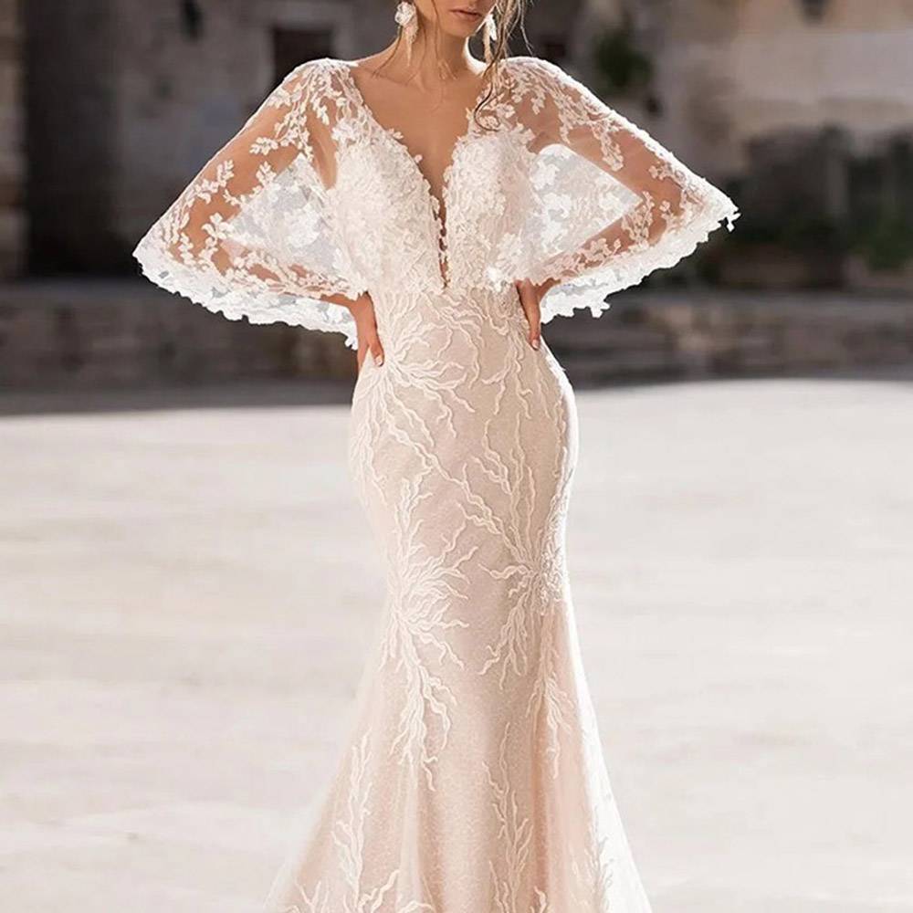 Ericdress Long Sleeves Floor-Length V-Neck Lace Church Wedding Dress